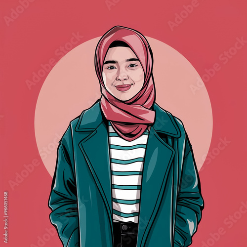 Illustration of a young female wearing a hijab and over coat