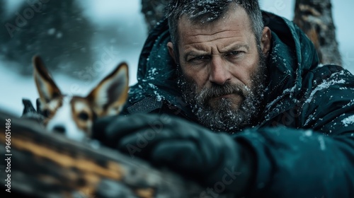 A rugged man with gray hair holds his dog close in a snowy woods setting, displaying an intense expression and embodying a sense of toughness and survival.