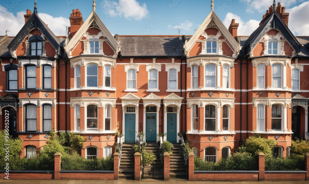 Fototapeta premium A row of brick houses with ornate details stands on a sunny street