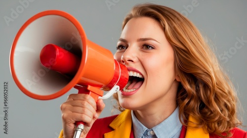 Woman speaking through red megaphone loudly