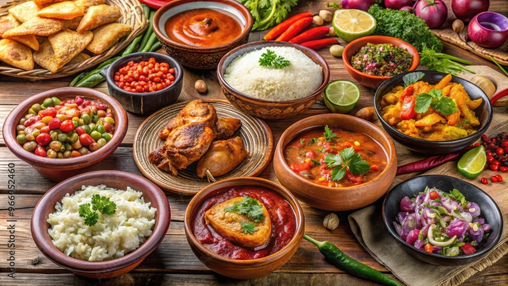 Authentic Bolivian Culinary Spread Featuring Traditional Dishes Such As Salteñas, Picante De Pollo, And Api Morada Arranged On A Table Authentic Bolivian Culinary Spread Featuring Traditional Dishes Such As Salteñas, Picante De Pollo, And Api Morada Arranged On A Table