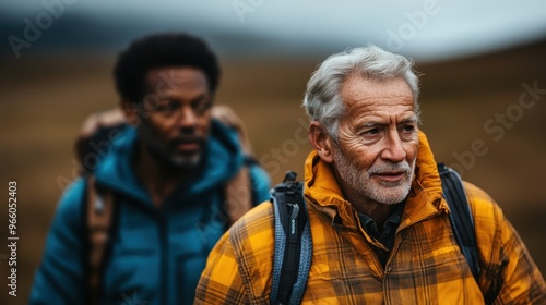 An older man and a companion hiking through a wild, rugged terrain with backpacks, exuding a sense of adventure, endurance, and the timeless bond of friendship and exploration.