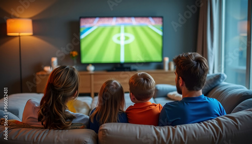 Parents and kids watching a football game on TV, surrounded by warm decor. Family bonding over football in a cozy living room with autumn decor.