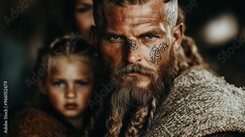 A protective Viking warrior with intricate facial tattoos and braided hair watches guard, a child closely positioned behind him, capturing resilience and guardianship. photo