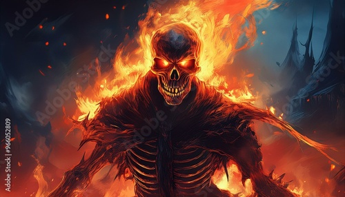 Wallpaper Mural Fiery Demon Skeleton Rising from Hellfire in Dramatic Dark Night, Horror Digital Art Illustration, Spooky Inferno Scene for Halloween and Fantasy Themes Torontodigital.ca