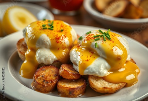 Delicious Eggs Benedict with Hollandaise Sauce and Toasted Bread