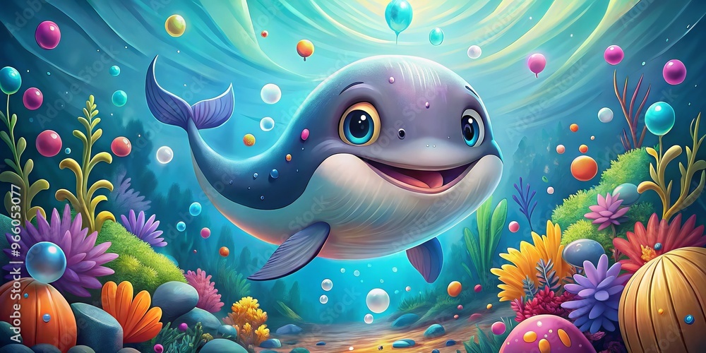 Adorable cartoon whale with big smile and sparkling eyes, surrounded by colorful seaweed and ocean bubbles, in a Adorable cartoon whale with big smile and sparkling eyes, surrounded by colorful seaweed and ocean bubbles, in a