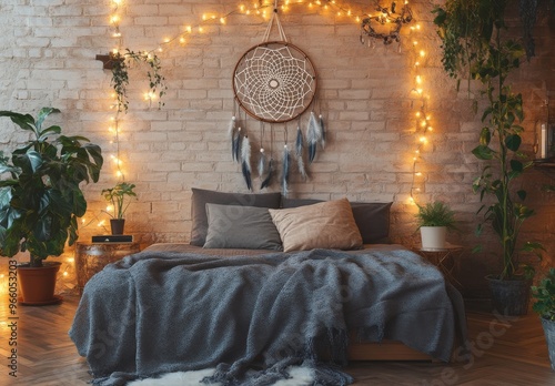 Cozy bedroom adorned with string lights and plants in a serene urban setting