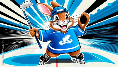 Cartoon rabbit playing hockey on ice