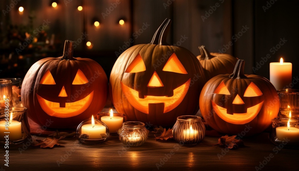 Fototapeta premium Halloween Ambiance Glowing Pumpkins with Candlelight Magic