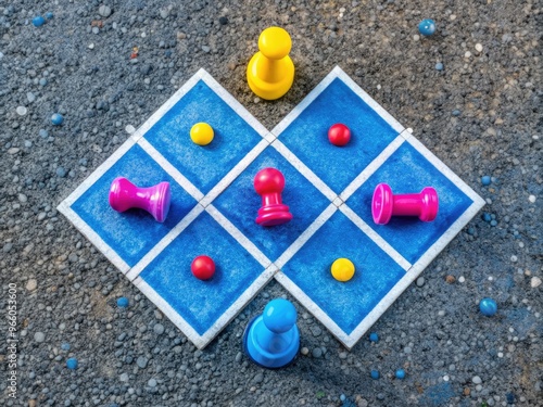 Blue And White Four-Square Game Grid Painted On An Asphalt Surface With Yellow And Pink Game Pieces Scattered Around It photo