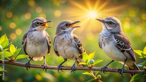 Adorable grey and white juvenile mockingbirds perch on a twig, their beady eyes and open beaks awaiting food