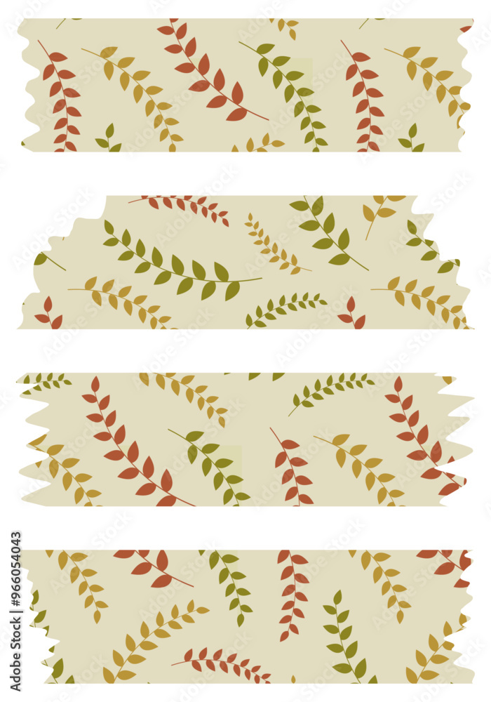 Set of colorful washi tapes with leaves pattern isolated on white. Washi tape collection in vector. Pieces of decorative tape for albums. Torn paper Set of colorful washi tapes with leaves pattern isolated on white. Washi tape collection in vector. Pieces of decorative tape for albums. Torn paper