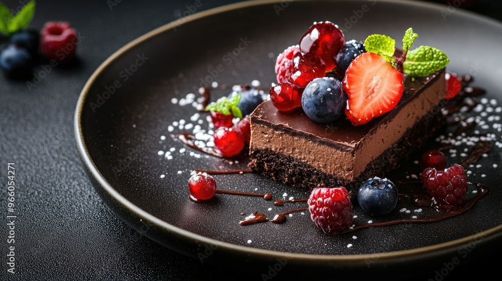 A beautifully plated dessert with rich chocolate and fresh berries, artistically presented on a dark plate, with soft lighting highlighting the intricate details A beautifully plated dessert with rich chocolate and fresh berries, artistically presented on a dark plate, with soft lighting highlighting the intricate details
