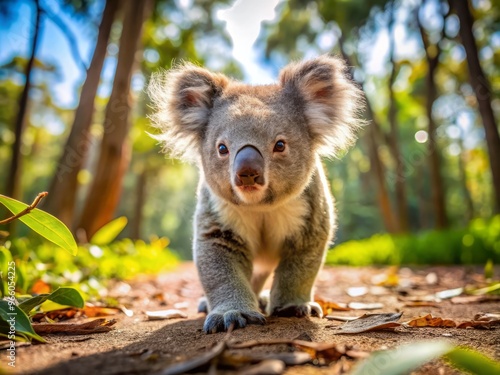 Adorable koala bear ambles along a sunny forest floor, its fluffy fur and cute nose on full display photo