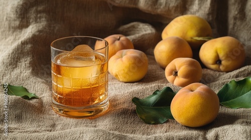 A beautifully arranged glass of quince liquor on a canvas surface, surrounded by fresh quince fruits and leaves, highlighting the rich, fruity nature of the drink