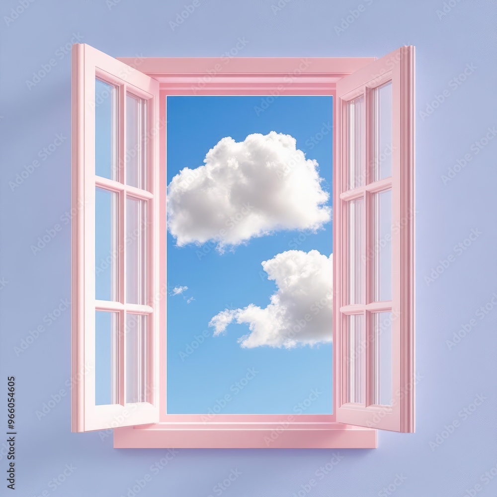 A charming pink window frame opens to reveal a bright blue sky filled with fluffy clouds, inviting a sense of peace and tranquility. 3D A charming pink window frame opens to reveal a bright blue sky filled with fluffy clouds, inviting a sense of peace and tranquility. 3D