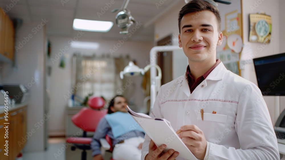 A smiling young dentist in uniform holds a file in a dental clinic while a patient lies on a sofa in the background undergoing treatment. A smiling young dentist in uniform holds a file in a dental clinic while a patient lies on a sofa in the background undergoing treatment.