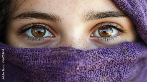 Close-up of the hazel eyes of a girl with her face wrapped in a violet scarf generative ai