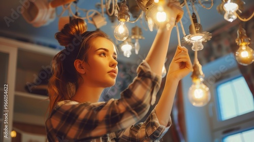 Photo of a beautiful woman confidently replacing a used LED light bulb in a chandelier in the living room.