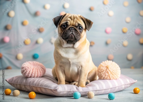 Adorable miniature pug dog with wrinkles and curled tail sits on a soft, white cushion, surrounded by scattered photo