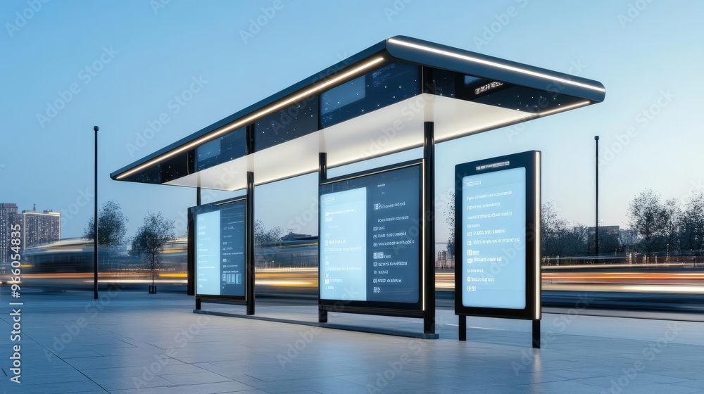 Fototapeta premium Electric bus stop, digital timetable, smart city, morning rush hour, clear sky