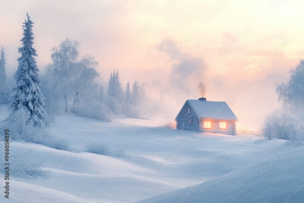 A Cozy Cabin Amidst Snowy Hills and Misty Trees A Cozy Cabin Amidst Snowy Hills and Misty Trees