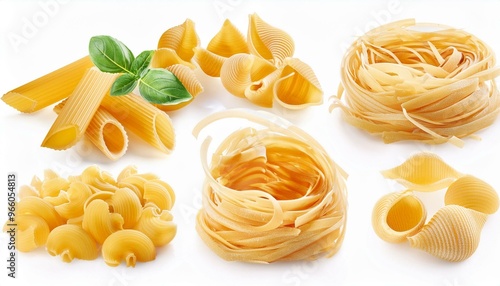 set of uncooked Italian Pasta, isolated on white background, full depth of field 