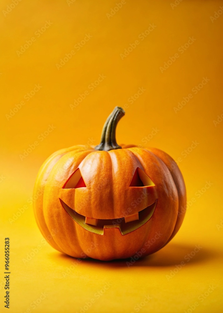 Brightly Colored Halloween Pumpkin on a Yellow Background for Festive Celebrations and Autumn Themes Brightly Colored Halloween Pumpkin on a Yellow Background for Festive Celebrations and Autumn Themes