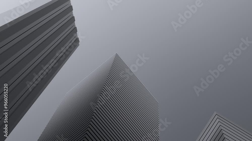 Tall houses,building black and white, colorless landscape of high rise, buildings urban abstract gray minimal design, futuristic tall buildings in fog,animation.3D render
