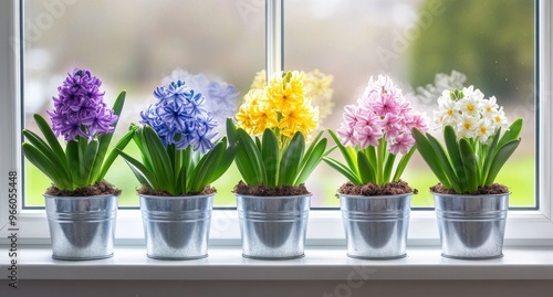 Colorful hyacinth flowers in metal pots arranged on a windowsill during sprin...