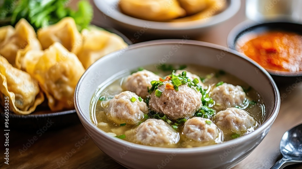 A bowl of bakso meatball soup served with a side of crispy fried wontons and sambal, the combination of crunchy and soft textures highlighted in a vibrant food scene A bowl of bakso meatball soup served with a side of crispy fried wontons and sambal, the combination of crunchy and soft textures highlighted in a vibrant food scene