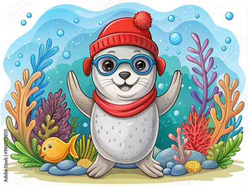 Adorable smiling cartoon seal with flippers up, wearing a red hat and sunglasses, surrounded by colorful seaweed and photo