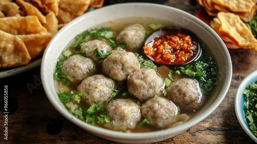 A bowl of bakso meatball soup served with a side of crispy fried wontons and sambal, the combination of crunchy and soft textures highlighted in a vibrant food scene photo