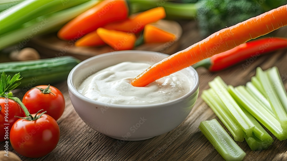 A carrot stick being dipped into thick ranch dip, surrounded by fresh vegetables like celery, peppers, and cherry tomatoes on a wooden table for a wholesome snack scene A carrot stick being dipped into thick ranch dip, surrounded by fresh vegetables like celery, peppers, and cherry tomatoes on a wooden table for a wholesome snack scene