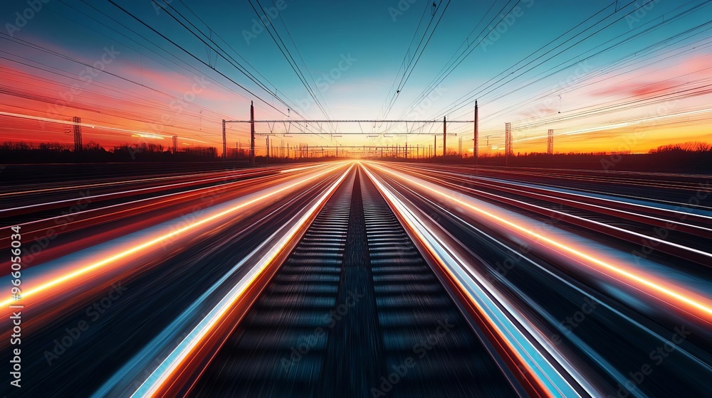 Electric high-speed rail, digital route management, futuristic tracks, evening colors Electric high-speed rail, digital route management, futuristic tracks, evening colors