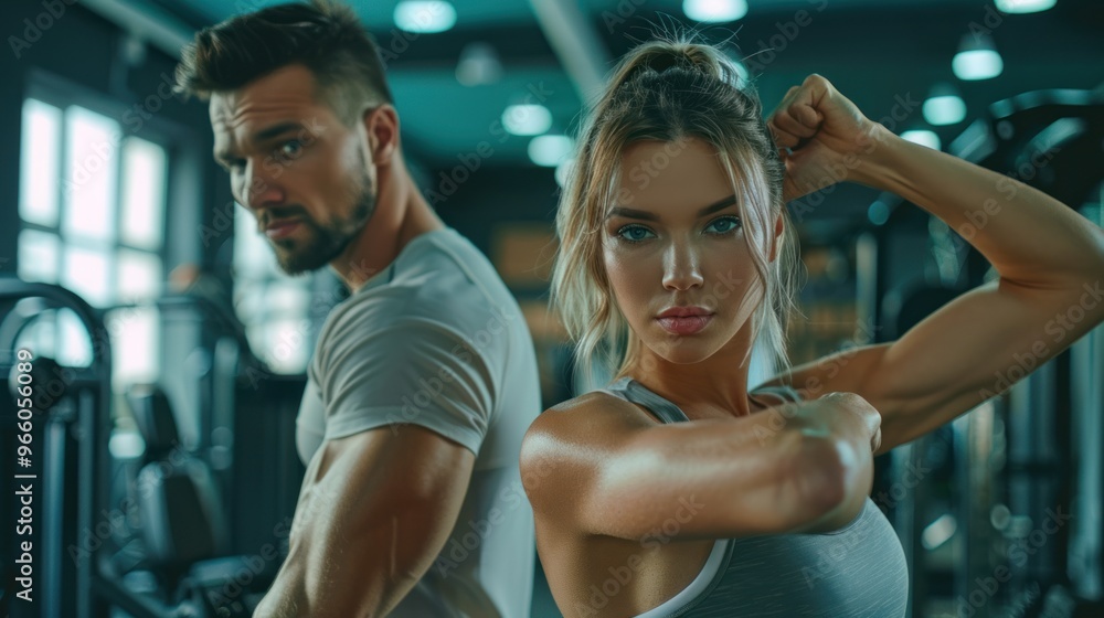 Photographs of female athletes and trainers preparing in a fitness gym. Photographs of female athletes and trainers preparing in a fitness gym.