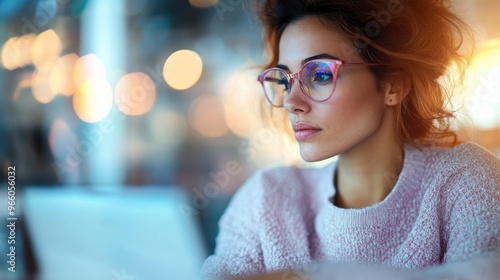 A woman in a cozy pink sweater and glasses deeply focused on her laptop screen in a warmly lit cafe environment, representing concentration and productivity. photo