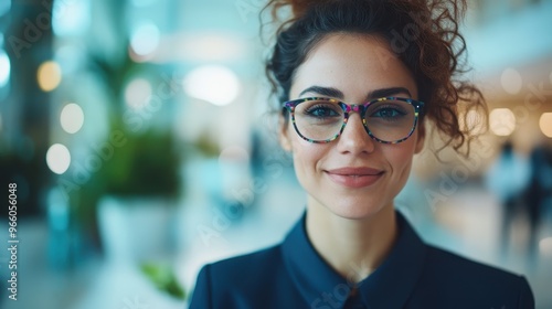 A cheerful woman with curly hair and colorful glasses is shown smiling brightly in an airy and modern indoor setting, capturing a moment of happiness and ease.