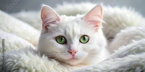 Adorable white cat with bright green eyes and fluffy fur curls up on a soft blanket, exuding innocence photo