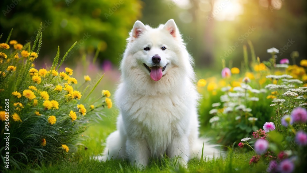 Adorable white Samoyed canine with a fluffy coat and sweet expression, sitting on a green meadow, surrounded by Adorable white Samoyed canine with a fluffy coat and sweet expression, sitting on a green meadow, surrounded by