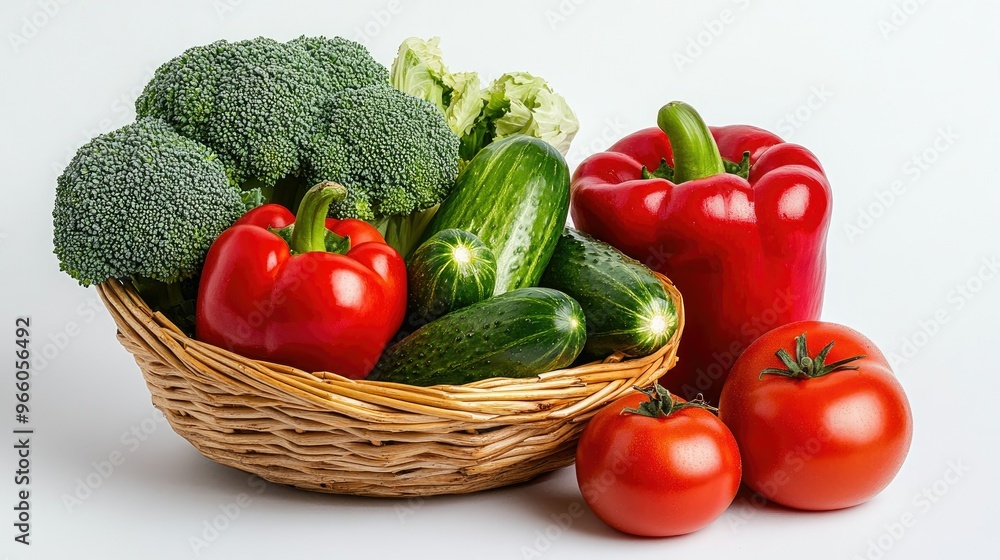 A clean studio shot of fresh vegetables like broccoli, onions, tomatoes, and bell peppers in a basket, placed on a solid white background