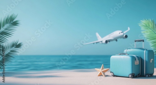 Tropical travel vibes with suitcases, palm trees, and an airplane in a bright...