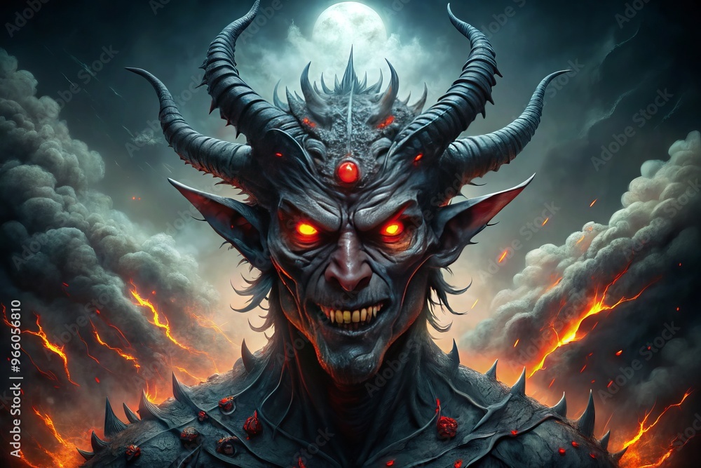 A eerie, horned demonic creature with glowing red eyes and sharp teeth emerges from dark, ominous clouds, surrounded A eerie, horned demonic creature with glowing red eyes and sharp teeth emerges from dark, ominous clouds, surrounded