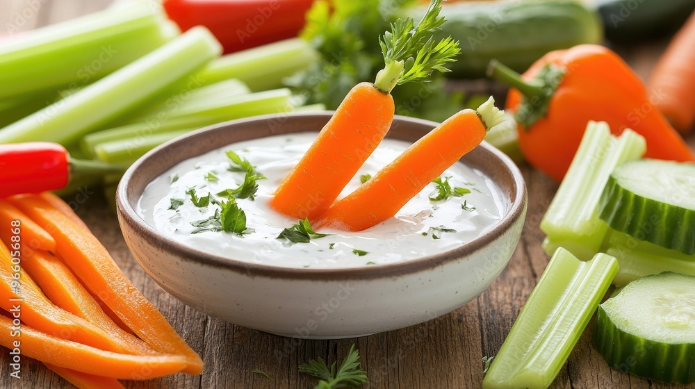 A close-up of a carrot stick dipped in ranch, resting above a bowl of dip on a wooden table, surrounded by fresh vegetables like celery, peppers, and cucumbers A close-up of a carrot stick dipped in ranch, resting above a bowl of dip on a wooden table, surrounded by fresh vegetables like celery, peppers, and cucumbers