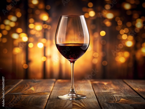 A elegantly curved, slender-stemmed glass holds a rich, velvety red wine, surrounded by subtle warm lighting, against a photo