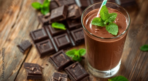 Creamy mint chocolate milkshake garnished with mint leaves and chocolate shav...