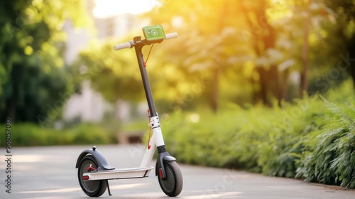 Electric scooter, augmented navigation, city park, bright daylight, lush greenery