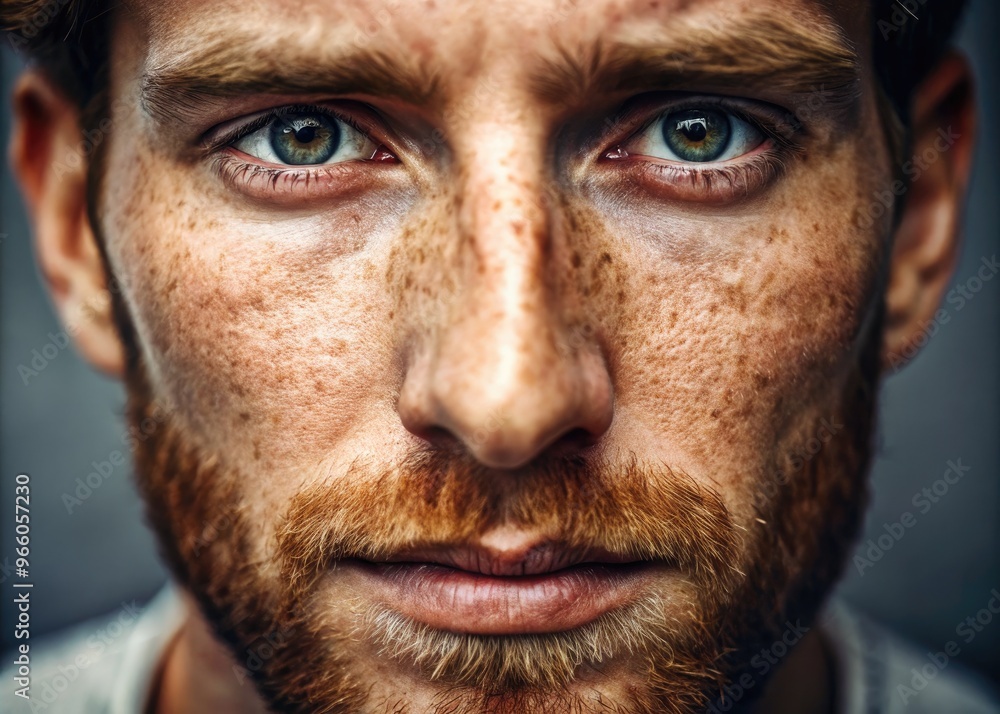 Fototapeta premium Close-up of a human face section, featuring a prominent nose, subtle facial hair, and a few scattered freckles on the bridge and surrounding skin.