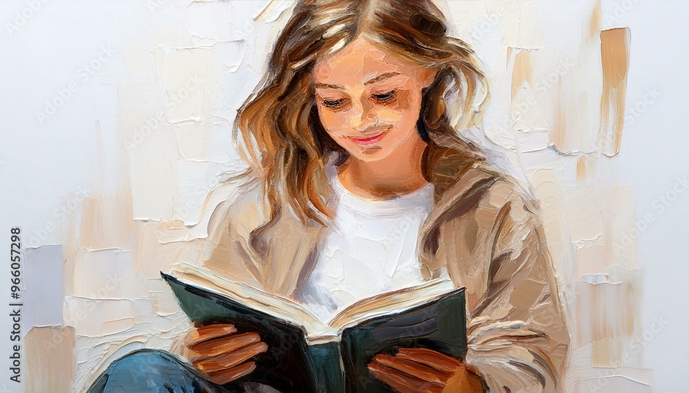 A young girl reads an interesting book on a light white background. Oil painting on canvas A young girl reads an interesting book on a light white background. Oil painting on canvas